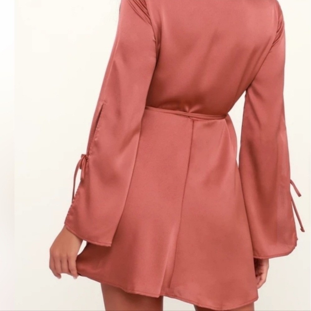 Lulus Satin Wrap Mini Dress Bell Sleeve Tie Cuff XS Fairy Wedding Guest Cocktail - Picture 2 of 6